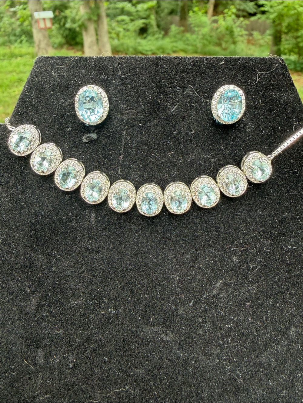 White and Blue Topaz Rhodium over 925 SS Earrings&Bracelet Set